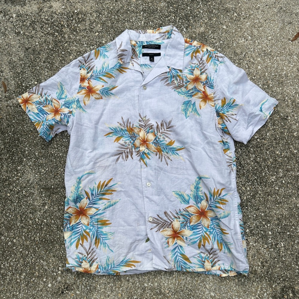 Banana Republic Mens Slim Fit Linen Cotton Tropical Floral Camp Shirt Medium